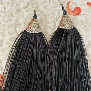 Black Tassel and Silver Filagree Earrings